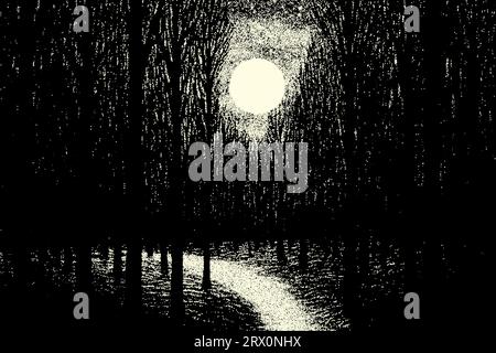 Dark forest landscape with full moon in retro dotwork style. Mysterious night landscape in vintage style. Stock Vector
