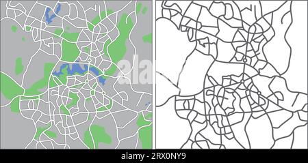 Layered editable vector streetmap of Canberra,Australia,which contains lines and colored shapes for lands,roads,rivers and parks. Stock Vector