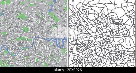 Layered editable vector streetmap of London,Britain,which contains lines and colored shapes for lands,roads,rivers and parks. Stock Vector