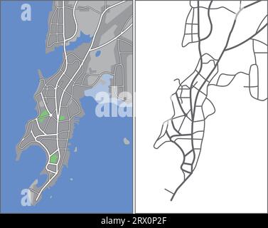 Layered editable vector streetmap of Mumbai,India,which contains lines and colored shapes for lands,roads,rivers and parks. Stock Vector