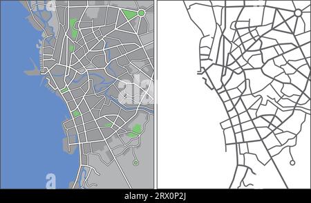Layered editable vector streetmap of Manila,Philippines,which contains lines and colored shapes for lands,roads,rivers and parks. Stock Vector