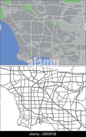Layered editable vector streetmap of Los Angeles,America,which contains lines and colored shapes for lands,roads,rivers and parks. Stock Vector
