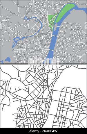 Layered editable vector streetmap of Pyongyang,North Korea,which contains lines and colored shapes for lands,roads,rivers and parks. Stock Vector