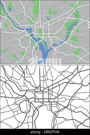 Layered editable vector streetmap of Washington DC,America,which contains lines and colored shapes for lands,roads,rivers and parks. Stock Vector