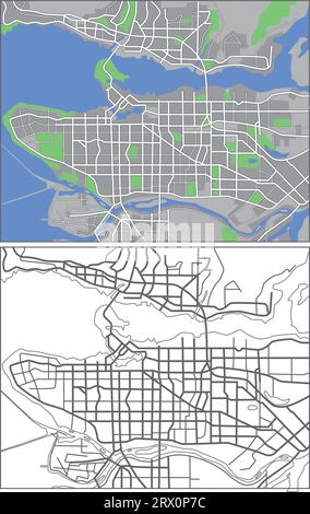 Layered editable vector streetmap of Vancouver,Canada,which contains lines and colored shapes for lands,roads,rivers and parks. Stock Vector