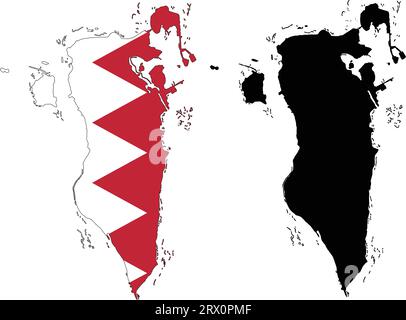 Layered editable vector illustration country map of Bahrain,which contains two versions, colorful country flag version and black silhouette version. Stock Vector
