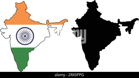 Layered editable vector illustration country map of India,which contains two versions, colorful country flag version and black silhouette version. Stock Vector