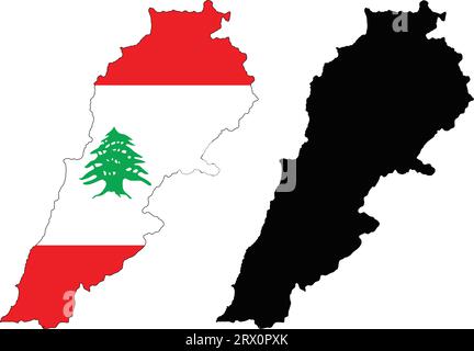 Layered editable vector illustration country map of Lebanon,which contains two versions, colorful country flag version and black silhouette version. Stock Vector