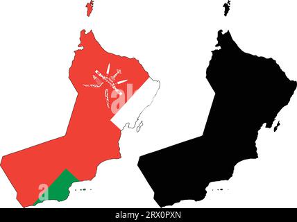 Layered editable vector illustration country map of Oman,which contains two versions, colorful country flag version and black silhouette version. Stock Vector