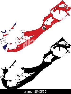 Layered editable vector illustration country map of Bermuda,which contains two versions, colorful country flag version and black silhouette version. Stock Vector
