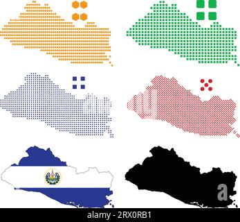 Layered editable vector illustration country map of El Salvador,which contains colorful country flag version,black silhouette version and defferent pi Stock Vector