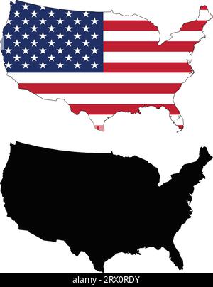 Layered editable vector illustration country map of United States,which contains two versions, colorful country flag version and black silhouette vers Stock Vector