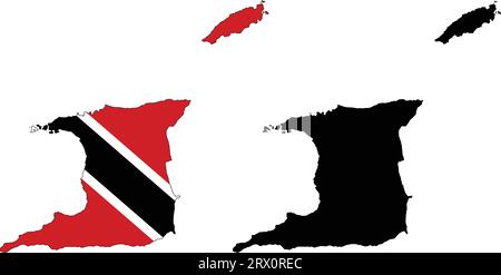 Layered editable vector illustration country map of Trinidad and Tobago,which contains two versions, colorful country flag version and black silhouett Stock Vector