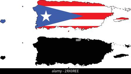 Layered editable vector illustration country map of Puerto Rico,which contains two versions, colorful country flag version and black silhouette versio Stock Vector