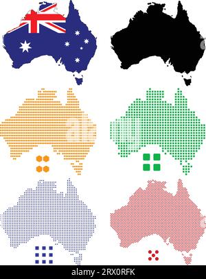 Layered editable vector illustration country map of Australia,which contains colorful country flag version,black silhouette version and defferent pixe Stock Vector