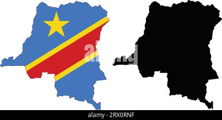 Layered editable vector illustration country map of Democratic Republic of Congo,which contains two versions, colorful country flag version and black Stock Vector