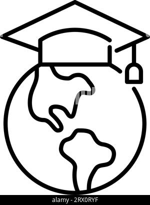 Mortarboard on Earth globe. Graduation hat. International college graduation. Pixel perfect, editable stroke Stock Vector