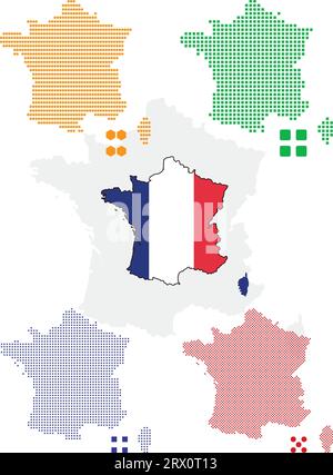 Layered editable vector illustration country map of France,which contains colorful country flag version,black silhouette version and defferent pixel v Stock Vector