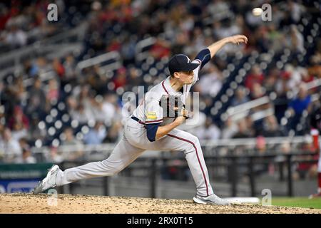 WASHINGTON, DC - SEPTEMBER 21: Atlanta Braves first baseman Matt Olsen (28)  connects for a home run during the Atlanta Braves versus Washington  Nationals MLB game at Nationals Park on September 21