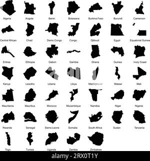 Layered editable vector illustration silhouette country map of 47 African countries. Stock Vector