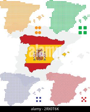 Layered editable vector illustration country map of Spain,which contains colorful country flag version,black silhouette version and defferent pixel ve Stock Vector