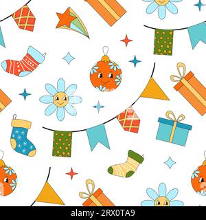 Merry Christmas groovy seamless pattern. Collection of hippie holiday winter elements in trendy old animation style. Groovy Christmas pattern. Stock Vector