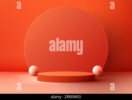 This 3D realistic red cylinder podium stand with red circle backdrop decoration and white balls on the floor is a modern minimalist product display mo Stock Vector