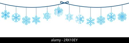 Horizontal garland of cut out paper snowflakes. Handmade children ornament. Christmas holiday banner decoration element. Simple flat vector isolated o Stock Vector