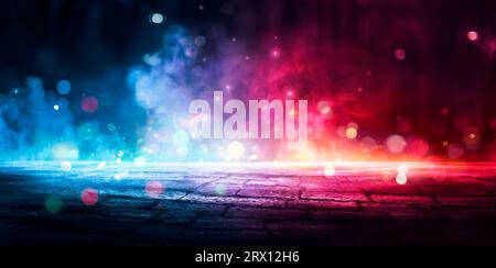 Smoke And Fog In The Street - Neon Colors In The Dark Night - Disco And Stage - Abstract Defocused Background Stock Photo
