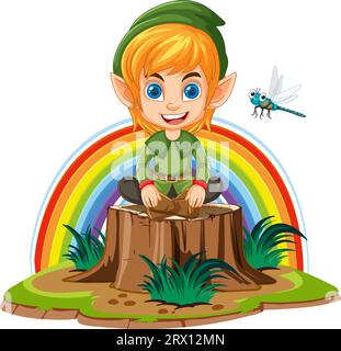 Dwarf cartoon sitting on three stump in fantasy world illustration Stock Vector