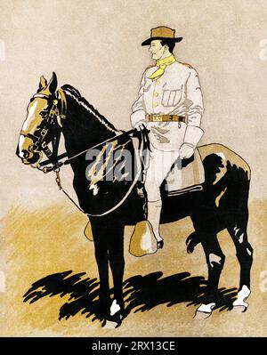 Soldier riding a horse   print in high resolution by Edward Penfield. Original from Library of Congress. Stock Photo