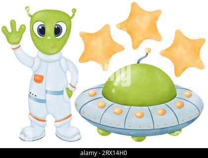 Space set. green cute alien waves its hand. Alien spacecraft. Cartoon UFOs. Three yellow stars. Watercolor isolated objects. Cartoon style. For prints Stock Photo
