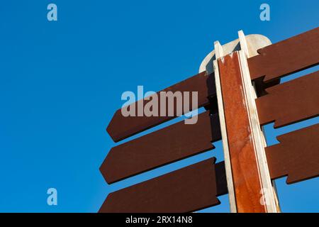 Multiple directional signs on the signpost with copy space for texts. Blank wooden directional signs. Stock Photo