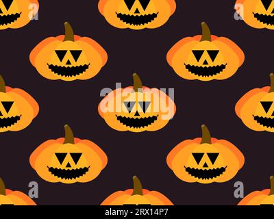 Halloween pumpkins seamless pattern. Halloween carved pumpkin face on black background. Happy Halloween October 31st, trick or treat. Jack-o-lantern. Stock Vector