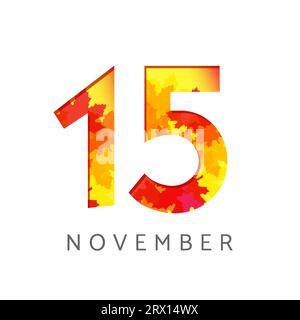 November 15 calendar number logo. Autumn sign concept. Planner or banner template. 1 and 5 symbol. Creative icon with fall leaves. Seasonal emblem Stock Vector