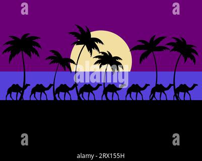 Landscape with palm trees and camels at dawn. Black silhouettes of palm trees on the shore in a minimalist style. Camel caravan at sunrise on the seas Stock Vector