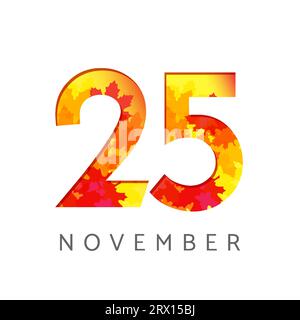 November 25 calendar number logo. Autumn sign concept. Planner or banner template. 2 and 5 symbol. Creative icon with fall leaves. Seasonal emblem Stock Vector