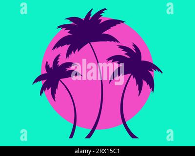 Palm trees against the background of the sun in retro style. Tropical palm trees at sunset in 80s style. Design of advertising brochures, banners, pos Stock Vector