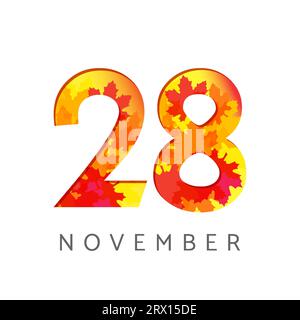 28 th of November calendar numbers. 28 years old autumn logotype. Anniversary digits with leaves. Isolated abstract graphic design template. White bg Stock Vector