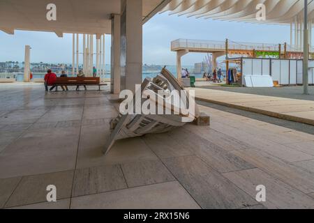 Public promenade in Malaga, Parmeral de las Sorpresas.  Around of Alborania Aula Del Mar at daylight. Sea Museum in Malaga.  Harbour quay at sunny day. Stock Photo