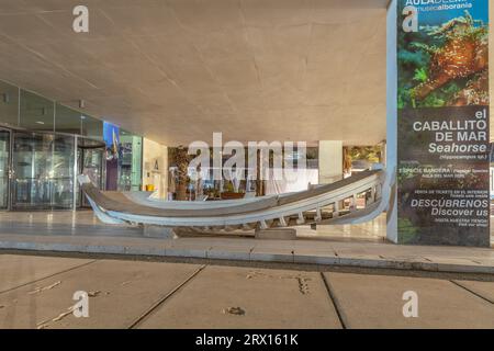 Public promenade in Malaga, Parmeral de las Sorpresas.  Around of Alborania Aula Del Mar at late night. Sea Museum in Malaga. Spain Stock Photo