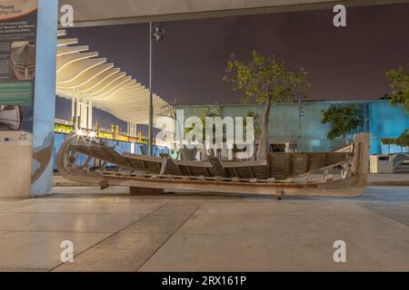 Public promenade in Malaga, Parmeral de las Sorpresas.  Around of Alborania Aula Del Mar at late night. Sea Museum in Malaga. Spain Stock Photo