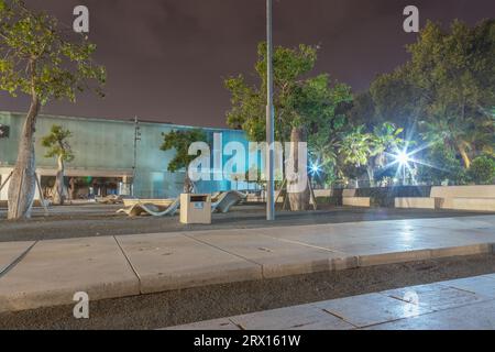 Public promenade in Malaga, Parmeral de las Sorpresas.  Around of Alborania Aula Del Mar at late night. Sea Museum in Malaga. Spain Stock Photo