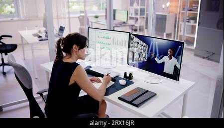 Speaker At Virtual Training Seminar. Training Conference With Audience Stock Photo