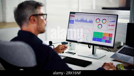 Business Data Analyst Using KPI Data Dashboard On Computer Stock Photo