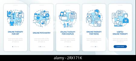 Walkthrough online therapy with blue icons concept Stock Vector