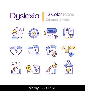 Editable multicolor thin line icons for dyslexia Stock Vector