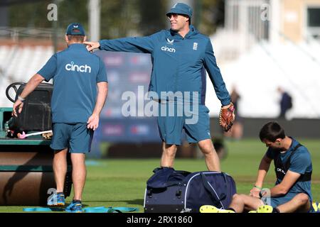 Former England captain Freddie Flintoff (centre) during a nets session at Trent Bridge, Nottingham. Picture date: Friday September 22, 2023. Stock Photo