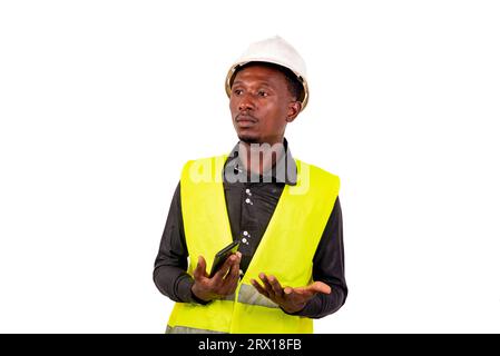 entrepreneur man standing on white background looking away with thoughtful air. Stock Photo