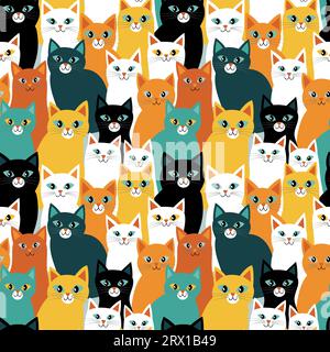 Seamless Pattern with Different Colored Cats, Flat Vector Illustration, in Yellow, Orange, Mint Green, Black and White. Wallpaper Design for Textiles, Papers, Prints, Fashion, Kids Products Stock Vector